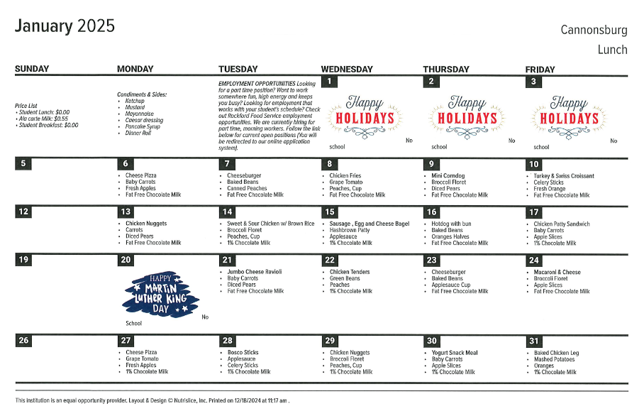January Lunch Menu