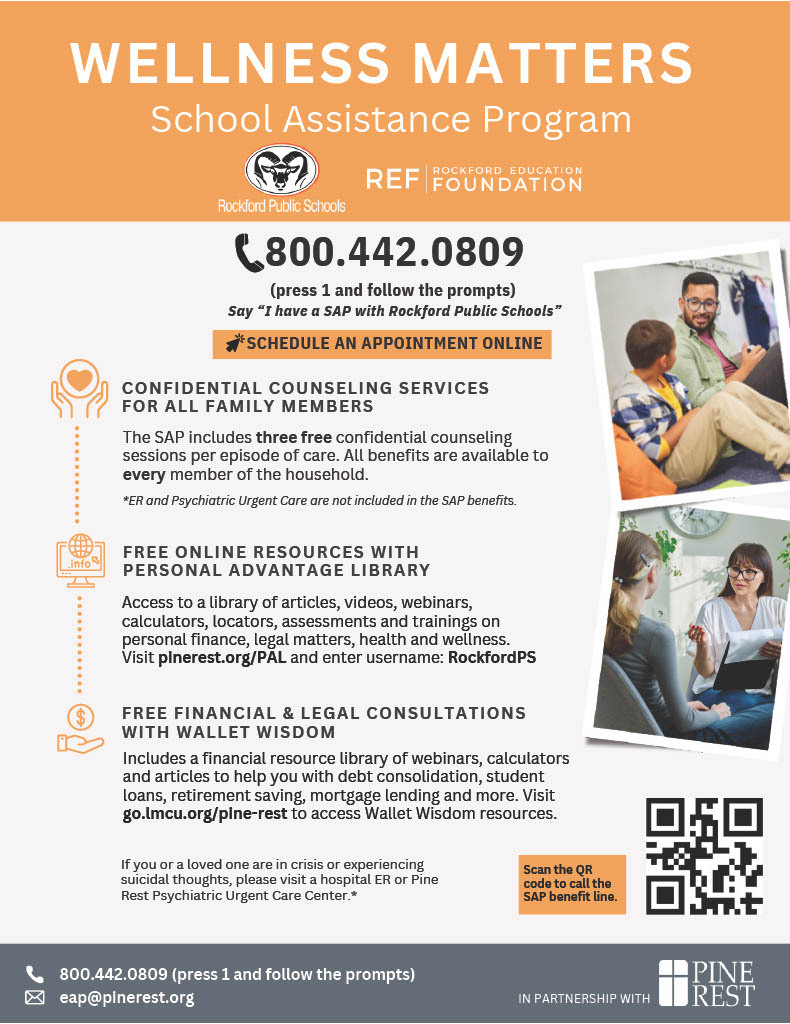 Wellness Matters School Assistance Program.  REF.  Call 8004420809 press 1 or scheduled appointment online.  Confidential counseling services for all family members.  Free online resources.  Free financial and legal consultations with wallet wisdom.  In partnership with Pinrest.